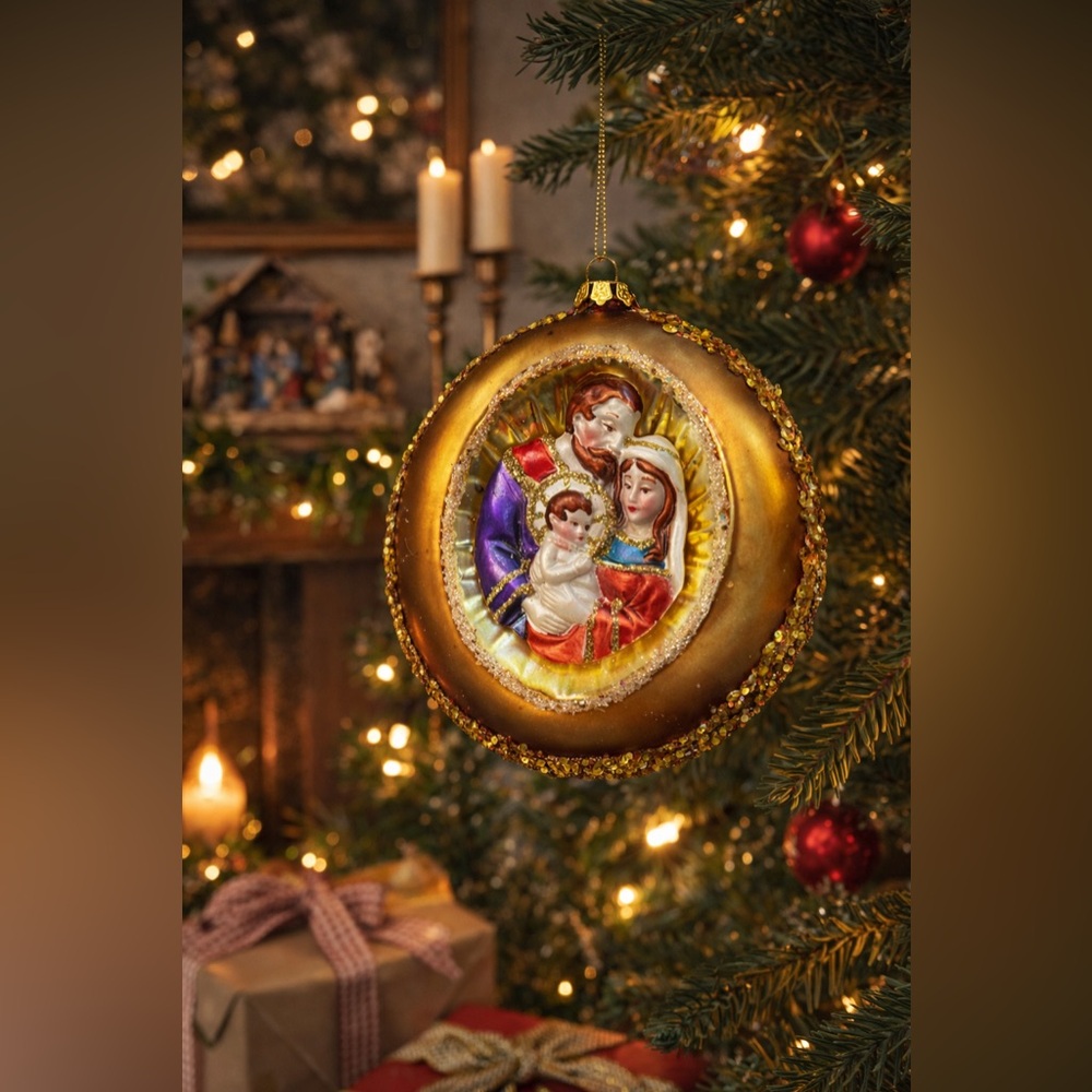Vintage Holy Family Glass Ornament Gold Sequin Beaded Christmas Decor